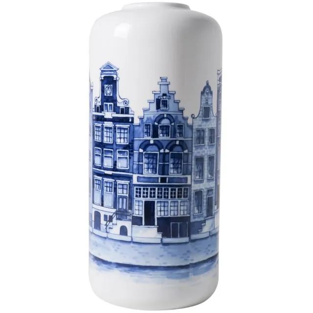 Heinen Delfts Blauw Cilindervaas - Huisjes - Keramiek - 31 cm Wit