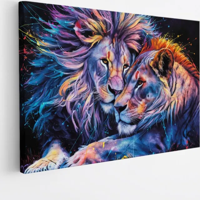 Saammp Canvas Schilderij - Kleurrijk Abstracte Leeuwen koppel - Dieren - Natuur - 150x100 - Foto op canvas - Wanddecoratie - Muurdecoratie Woonkamer - Slaapkamer decoratie - Canvas Print Multicolor