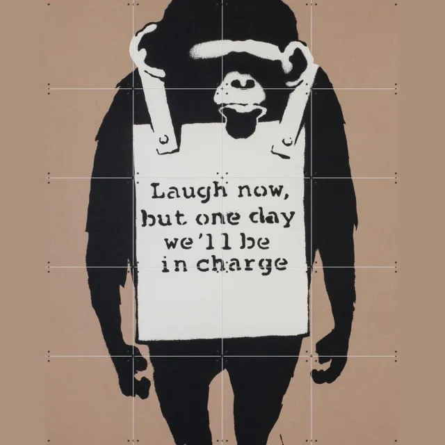 IXXI Laugh Now, Banksy - 80 x 100 cm - Grote wanddecoratie en posters - Pop art, Houtsnede, Illustraties, Street art, Grafisch Ontwerp, Studeerkamer Wit / Zwart / Bruin / Warme kleuren / Monochroom