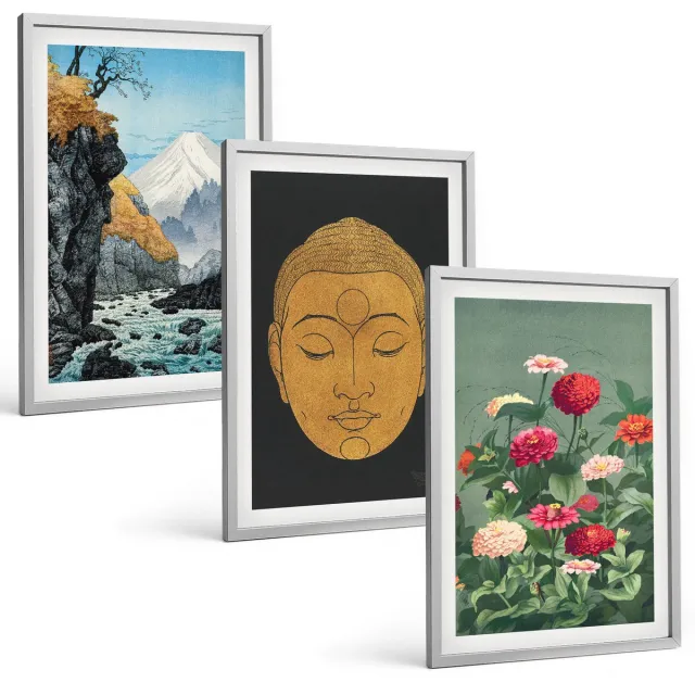 TULUP 4-Delige Schilderij Set - Japanse natuur en cultuur in Japandi-stijl - 40 x 60 cm - Muurdecoratie - Schilderijen Set - Woonkamer - Interieur Decoratie Zilveren lijst
