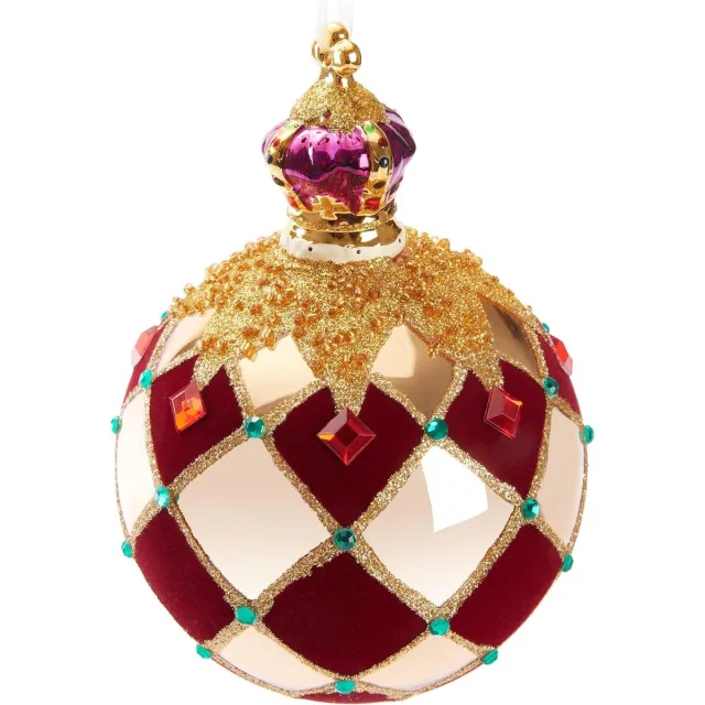 Brubaker Premium Kerstbal Royal King - Koninklijke Kerstbal Goud Rood - Geruit Met Fluweel, Glitter En Kroon - 14 Cm Grote Glazen Kerstbal Met Porselein Figuur Koninklijke Koning - Goud en Rood