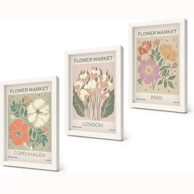 Coloray 3-Delige Schilderij Set - Bloemenposters Kopenhagen Londen Parijs - 20x30 - Muurdecoratie - Interieur Decoratie Witte lijst