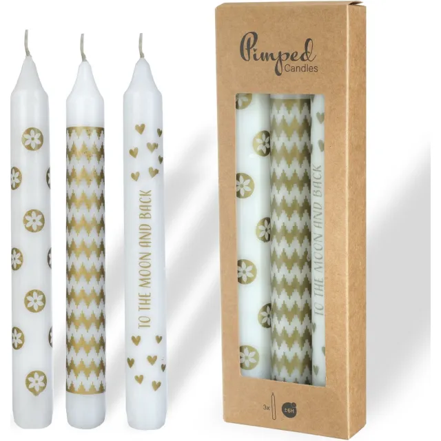 comforder 3 Kaarsen met Printje - Set van 4 Dinerkaarsen 20cm wit met goud