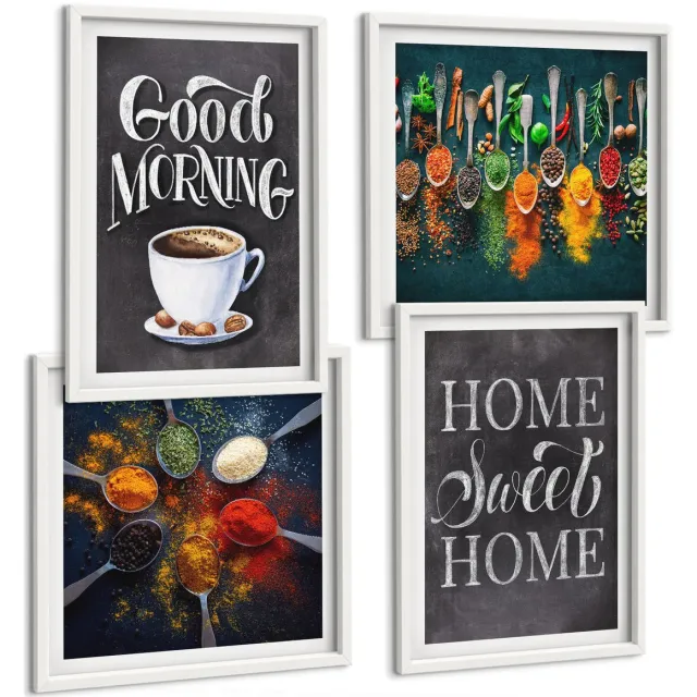 TULUP 4-Delige Schilderij Set - Kruidenkoffie met een kopje, keukenkruiden, specerijen - 40x40 en 40x60 - Wanddecoratie - Moderne Interieurdecoratie Witte lijst