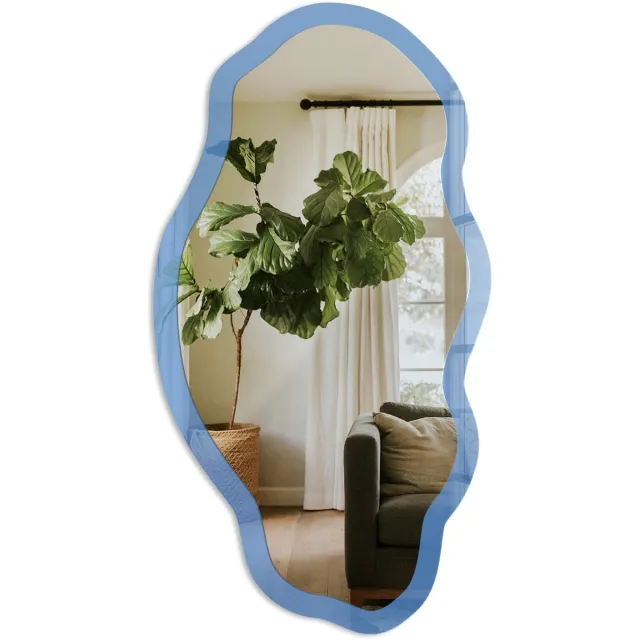 TULUP Blauwe Kleur Spiegel - Blauw Elegante Rechthoekige Wandspiegel - Organische Spiegel - Kantoor, Slaapkamer, Woonkamer - Minimalistisch - 45x90 cm - Totale afmeting 52x97 cm Kleur Blauw, Blauw