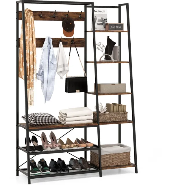 Costway Kapstok met schoenenbank, 2 schoenenplanken, 9 haken, 5 zijplanken en kledingstang, kledingrek met bank, garderobe van metaal, vintage bruin, 118 x 40 x 180 cm Zwart