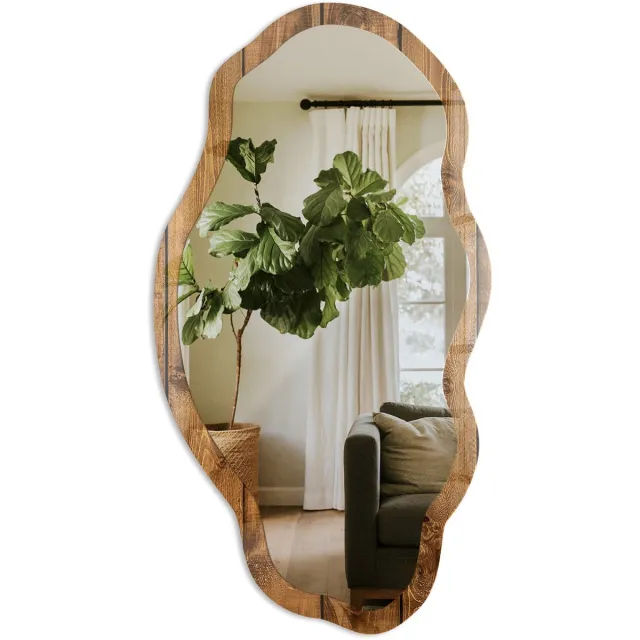 TULUP Houtstructuur Spiegel - Bruin Rechthoekige Spiegel Met Modern Design - Organische Spiegel - Woonkamer - Rustiek - 45x90 cm - Totale afmeting 52x97 cm HoutnerfstructuurStructuur, Bruin