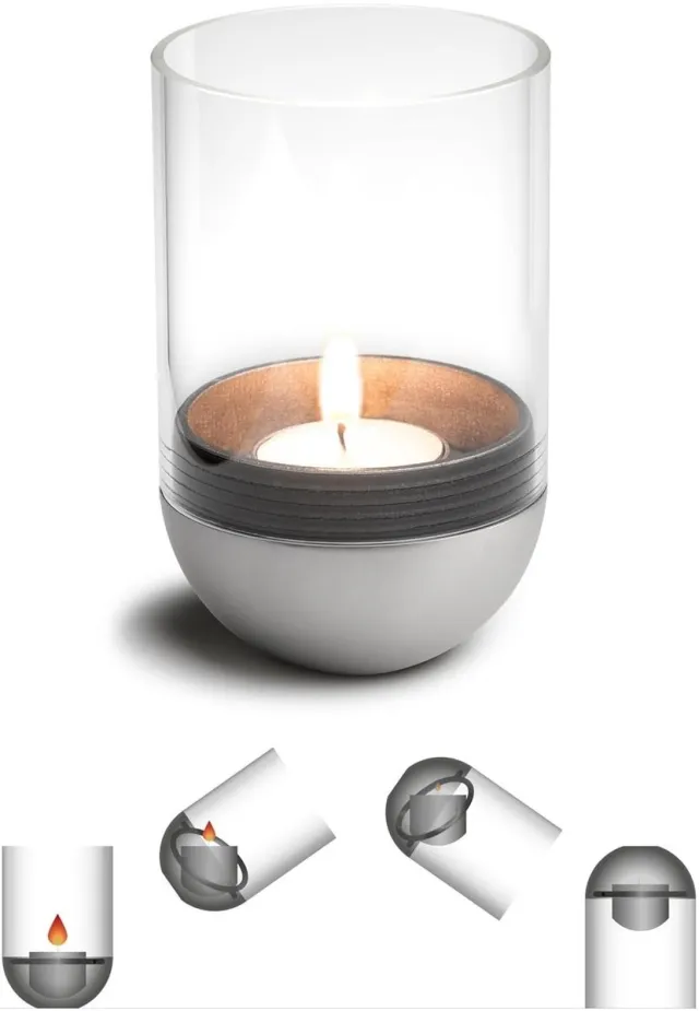 Höfats GRAVITY CANDLE Lantaarn zilver Slimme kaarsenhouder houdt de kaars horizontaal en maakt het gemakkelijk om het theelichtje aan te steken, met een ingebouwde dooffunctie