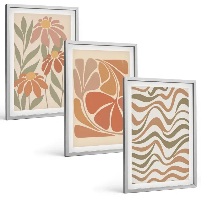 TULUP 4-Delige Schilderij Set - Pastelkleurige bloemen en abstracte patronen - 40 x 60 cm - Wanddecoratie - Schilderijen Set - Interieur - Muurdecoratie Zilveren lijst