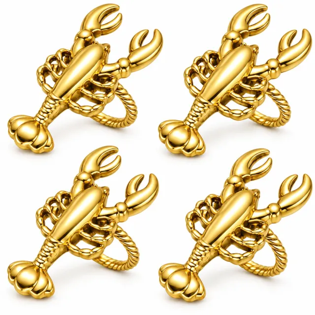 NUVEX Goudkleurige servetringen set van 4 – metalen servethouder ringen met kreeft ontwerp – decoratieve servet ringen met oceaan thema en reliëf – tafeldecoratie voor diner feest bruiloft restaurant Goudkleurige - 4 stuks kreeft