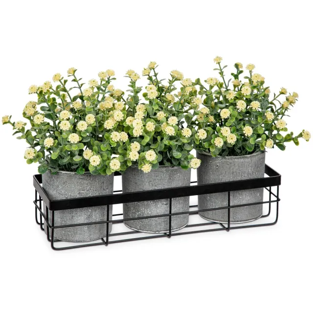 Unyqoos ® Set van Drie Realistische Kunstbloemen in Pot met Stijlvolle Metalen Mand voor Huisdecoratie wit