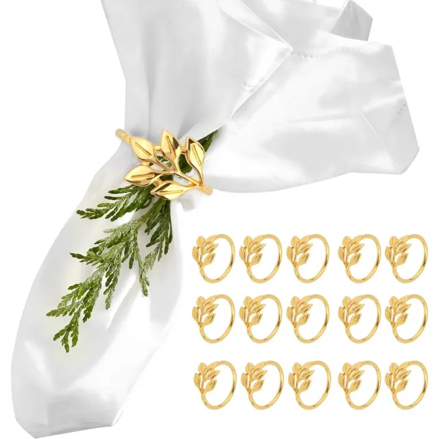 Ibenzoa Elegante Goudkleurige Metalen Servetringen Set van 16 met Bladmotief voor Feestelijke Tafeldecoratie