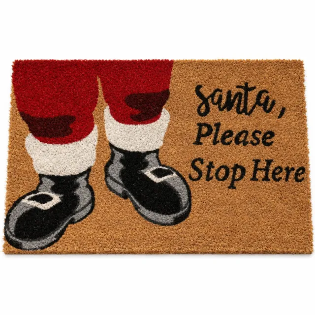 HEM Kerst Deurmat Kokos 59 x 39 cm - Santa Please Stop Here - Kerstman - Kerstdecoratie - Inclusief Microvezeldoekje Bruin