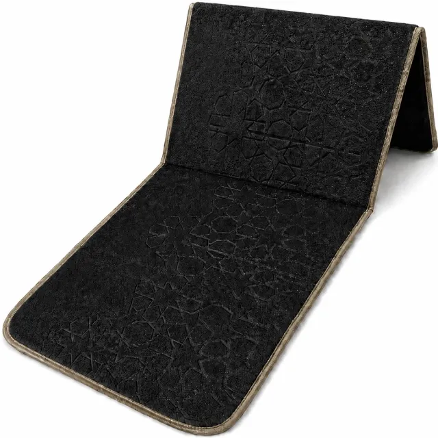 Baraka Treasures Gebedskleed met Rugleuning - Opklapbare Gebedskleed - Gebedskleed met Rugsteun - Opvouwbare Gebedsmat - Sterren Design - Inclusief Tas - Sajada - Seccade - Eid Cadeau - 110cm x 55cm - Zwart