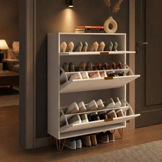 SHOPENTRA Schoenenkast Wit 80x24x118,5 cm – Smalle Schoenenkast met 3 Klapdeuren, Verstelbare Planken, Kiepbeveiliging en Ruimtebesparend Design