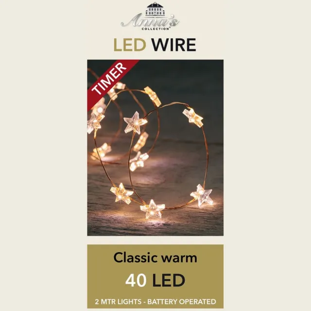 Anna's Collection Draadverlichting - 40 led sterren lampjes - 200 cm - timer - batterij - koperdraad - Sfeerverlichting