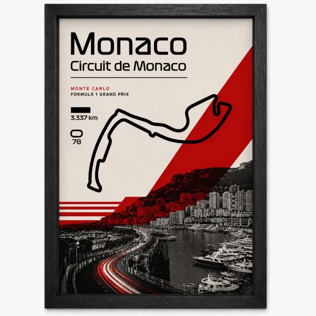 Joshimo Monaco Circuit Poster | Formule 1 Grand Prix Monte Carlo | Inclusief Zwarte A4 Lijst