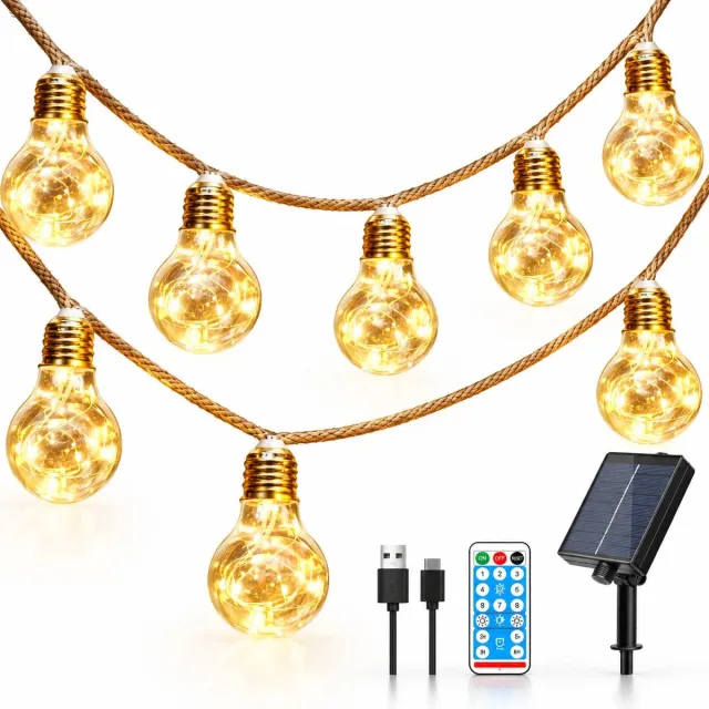 VHV Lichtsnoer buiten - Zonne-hennep touwstringlamp - Solar Tuinverlichting - Buitenverlichting - 8M - Sfeerverlichting - 16 onbreekbare LED-lampen - Met afstandsbediening - 8 standen & timer