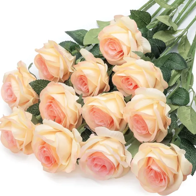 Famanu Kunstrozen 12 stuks kunstbloemen voor decoraties champagnekleurige zijden neprozen op enkele steel realistisch kunstboeket voor bruiloften bloemenarrangementen tafelstukken feestelijke woondecoratie