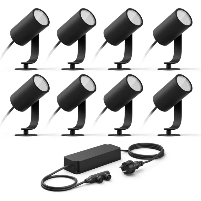 Philips Hue Lily Basisset van 8 Tuinspots (Antraciet) - Wit en Gekleurd Licht - Incl. 1 Voedingskabel - Tuinverlichting - Hue White and Color Ambiance Zwart