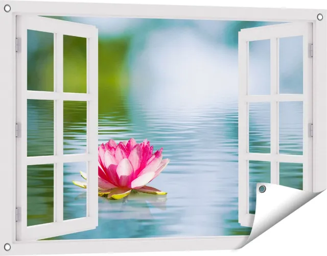 Gards Tuinposter Doorkijk Roze Lotusbloem op het Water - 90x60 cm - Tuindoek - Tuindecoratie - Wanddecoratie buiten - Tuinschilderij Wit