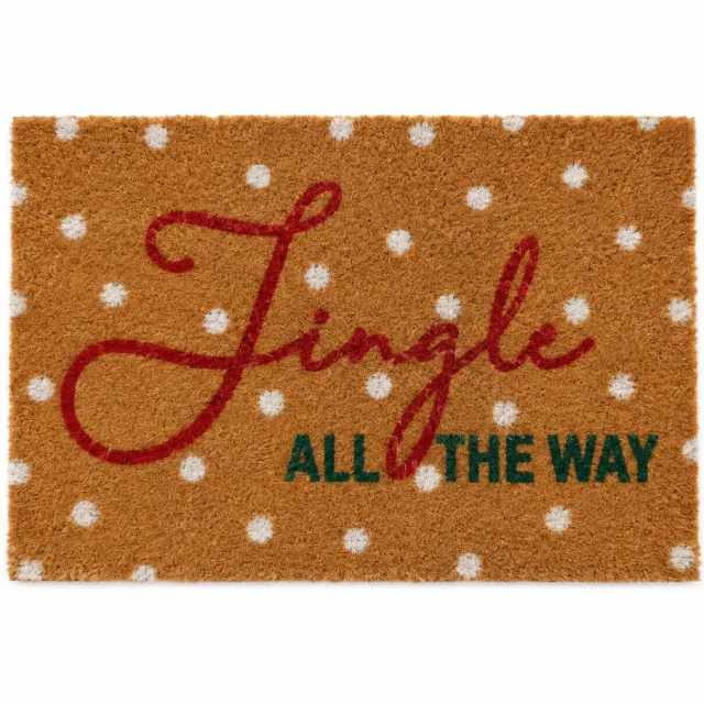 HEM Kerst Deurmat Kokos 59 x 39 cm - Jingle All the Way - Kerstmat met Tekst - Kerstdecoratie - Inclusief Microvezeldoekje Bruin