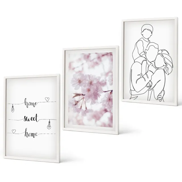 Coloray 3-Delige Schilderij Set - Bloemen En Familie In Minimalistisch Design. - 40 x 60 - Stijlvolle Muurdecoratie - Slaapkamer Witte lijst