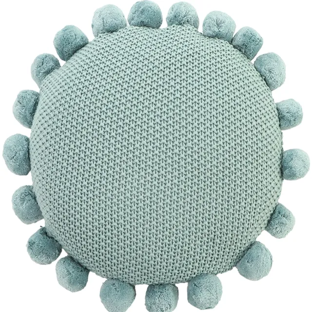 Urbane Hide Kussenhoezen | Kussenhoes | Kussenhoesjes | Sierkussen | 40 cm | Ronde Gebreide met Pompons | Katoen | Blauw | Zonder binnenkussen