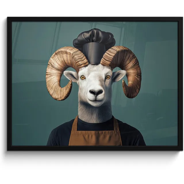 FrameYourWall Poster in lijst - Fotolijst 70x50 cm - Posters - Geit - Hoorns - Kokskleding - Posterlijst zwart - Decoratie - Wanddecoratie woonkamer - Muurdecoratie slaapkamer Geit - Kok