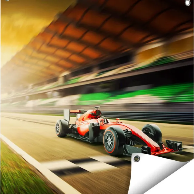 Gards Tuinposter Formule 1 Auto bij de Finish in het Rood - 60x60 cm - Tuindoek - Tuindecoratie - Wanddecoratie buiten - Tuinschilderij Multikleur