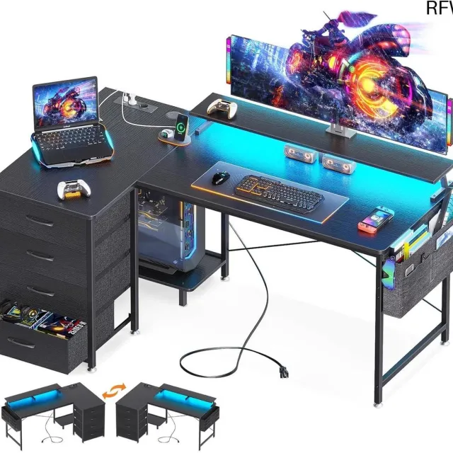 RFWR L-vormig Hoekbureau met 4 Laden, USB-oplaadpunten en Stopcontacten voor Gaming en Thuiswerk Zwart