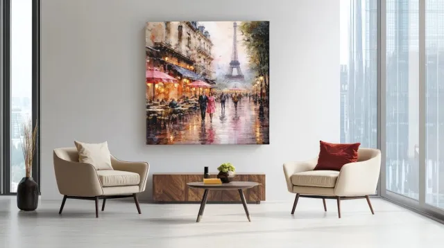 Trendex Global Vierkant Canvas Schilderij Parijs Eiffeltoren - Romantische Straat in de Regen - Wanddecoratie Woonkamer - 60 x 60 cm Kleurrijk