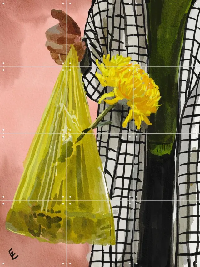 IXXI Yellow Plastic Bag, Ekaterina Zagorska - 60 x 80 cm - Grote wanddecoratie en posters - Schilderijen, Trap, Woonkamer, Eetkamer, Bloemen, Mensen Geel