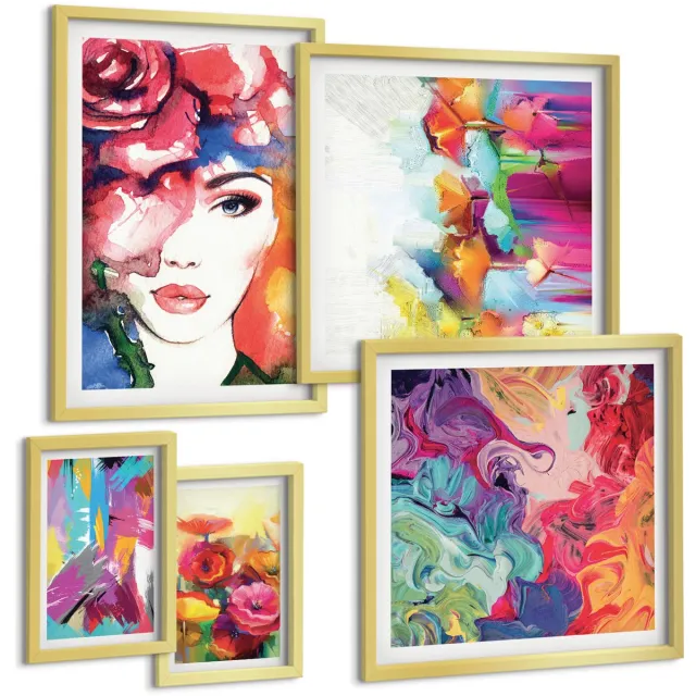 TULUP 5-Delige Schilderij Set - Kleurrijke abstracte kunst en portretten in een moderne stijl. - 50 x 50 cm, 20 x 30 cm en 40 x 60 cm - Wanddecoratie - Moderne Interieurdecoratie - Decoratieve Schilderijen Gouden lijst
