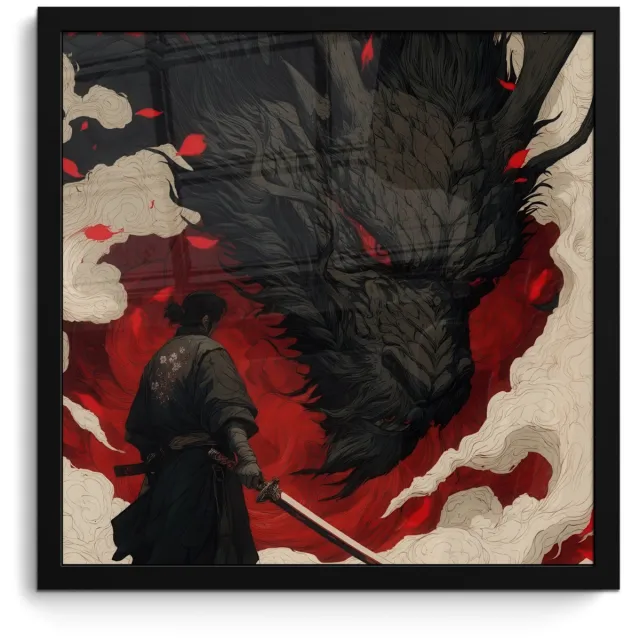 FrameYourWall Poster in lijst - Fotolijst 40x40 cm - Posters - Krijger - Draak - Zwart - Rood - Rook - Posterlijst zwart - Decoratie - Wanddecoratie woonkamer - Muurdecoratie slaapkamer