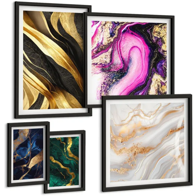 Coloray 5-Delige Schilderij Set - Abstracte Patronen In Een Moderne Stijl Met Metallic Accenten - 50 x 50 cm, 20 x 30 cm En 40 x 60 cm - Muurdecoratie - Wanddecoratie - Slaapkamer - Woonkamer Decoratie Zwarte lijst