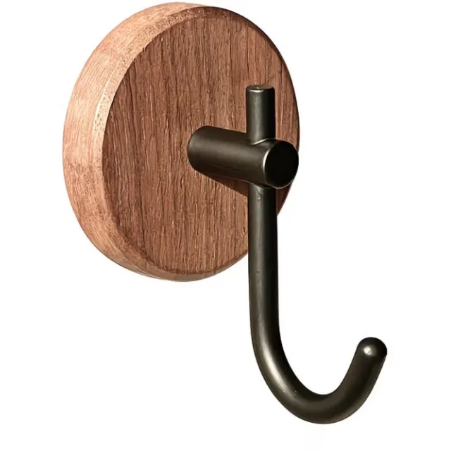 NUVEX Walnootkleurige houten kapstok haak dames en heren wandhaak zonder boren zelfklevende muur haak voor badkamer entree slaapkamer en deur met zwarte metalen kleding haak minimalistisch ontwerp
