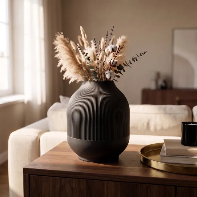 AUREA - Maison AUREA Geribbelde Vaas Zwart – Bloemenvaas voor Droogbloemen – Mat Zwart Design – 21,5 cm