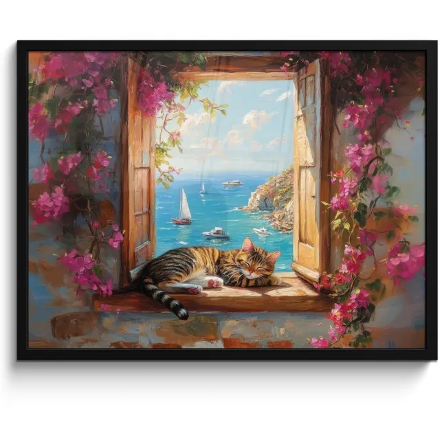 FrameYourWall Poster in lijst - Fotolijst 70x50 cm - Posters - Kat - Blauwe zee - Roze bloemen - Posterlijst zwart - Decoratie - Wanddecoratie woonkamer - Muurdecoratie slaapkamer