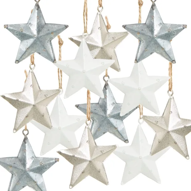 Unyqoos Set van 12 metalen sterhangers in zilver, wit en grijs voor kerstdecoratie Grijs wit