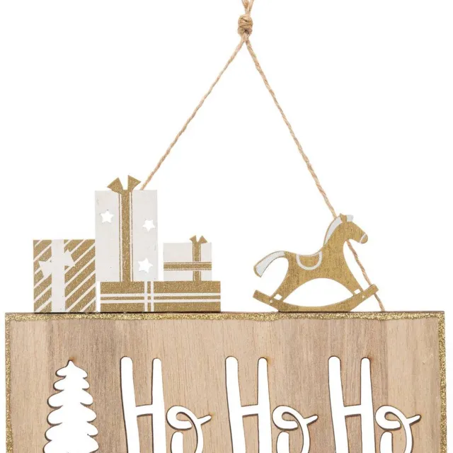 Feeric lights & Christmas Hangende dennenboomversiering met houten bordje 'Ho Ho Ho', 15 cm Beige