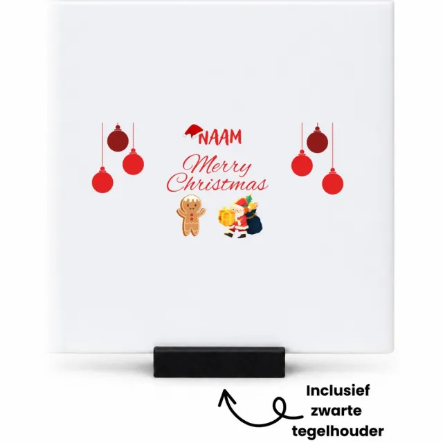 Hacebo Kerst merry christmas met eigen naam tegeltje met tegelhouder - Kerstmis - Kerst beker - tegeltjes met tekst - winter - kerst - christmas - kerst cadeau - spreuktegels - 10.8x10.8 CM Wit
