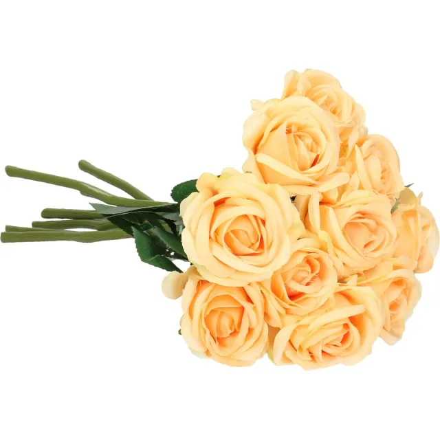 Top Art Kunstbloemen boeket roos Nina - 10x - perzik kleur - 27 cm - kunststof steel - decoratie bloem Perzik oranje