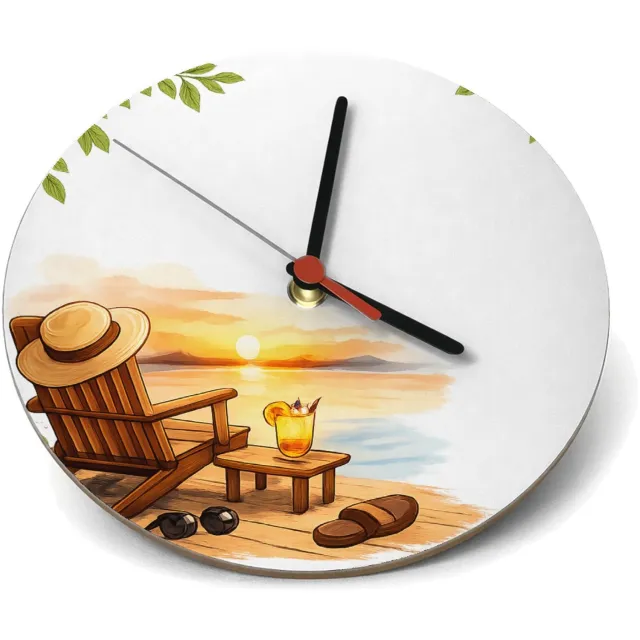 Mr Cadeautjes Klok rond Ø 19 - design Een vrolijke vrije-tijdsscène in een ligstoel op het strand | cadeau Wit