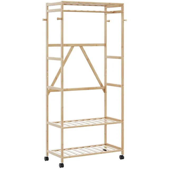 vidaXL Kledingrek - met - schappen - en - wielen - 90x40x179,5 - cm - bamboe Bruin