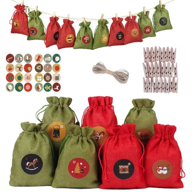 Mrilary 24‑stuks Adventskalender Zakjes voor Kerst - DIY Vulbare Jute Trekzakken - Kerst Cadeauzakjes met stickers en Knijpers - Hangende Adventskalender - 10 x 14 cm - Kerstdecoratie voor Thuis Meerkleurige