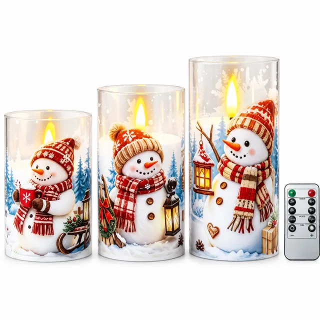 SWGOTA led kaarsen, set van 3 witte kerstkaarsen met sneeuwpopmotieven, cilindervormig, met afstandsbediening, op batterijen, zonder batterijen geleverd