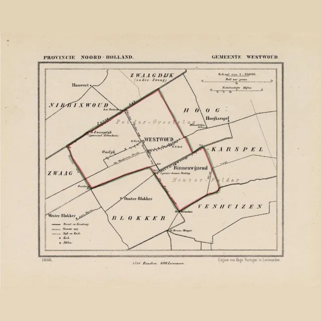 kaartcadeau.com Historische kaart, plattegrond van gemeente Westwoud in Noord Holland uit 1867 door Kuyper van Kaartcadeau.com veelkleurig