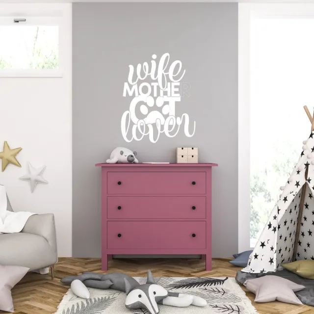 MC Living Muursticker - Wife Mother Cat Lover - 58 x 70 - Wit