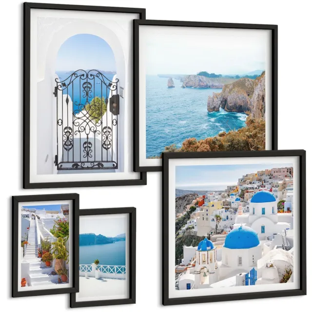TULUP 4-Delige Schilderij Set - Uitzicht op Santorini: de blauwe zee en de witte huizen. - 50 x 50 cm, 20 x 30 cm en 40 x 60 cm - Decoratieve Schilderijen - Wanddecoratie - Hal - Interieur Decoratie Zwarte lijst